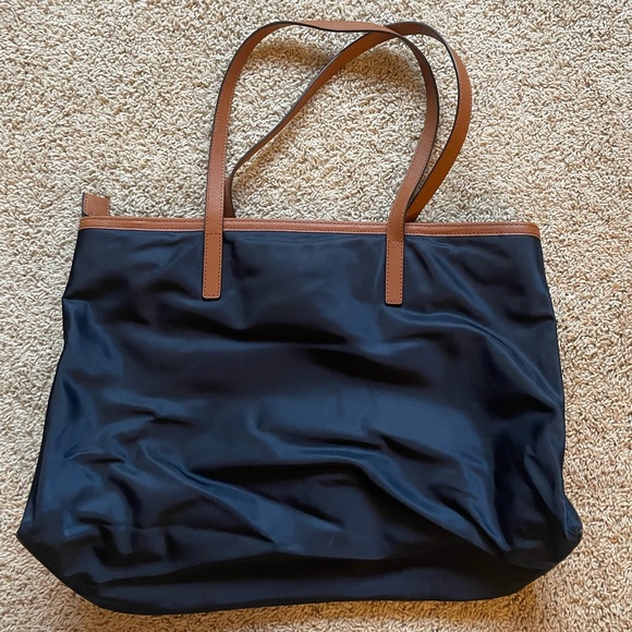 Michael Kors Kempton Navy Blue Nylon Brown Leather Large Tote - Picture 2 of 7